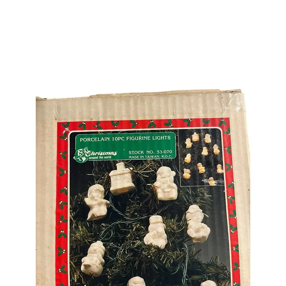 Vintage Christmas Tree String Lights Porcelain 10 Piece Figurine Snowman Cozy
